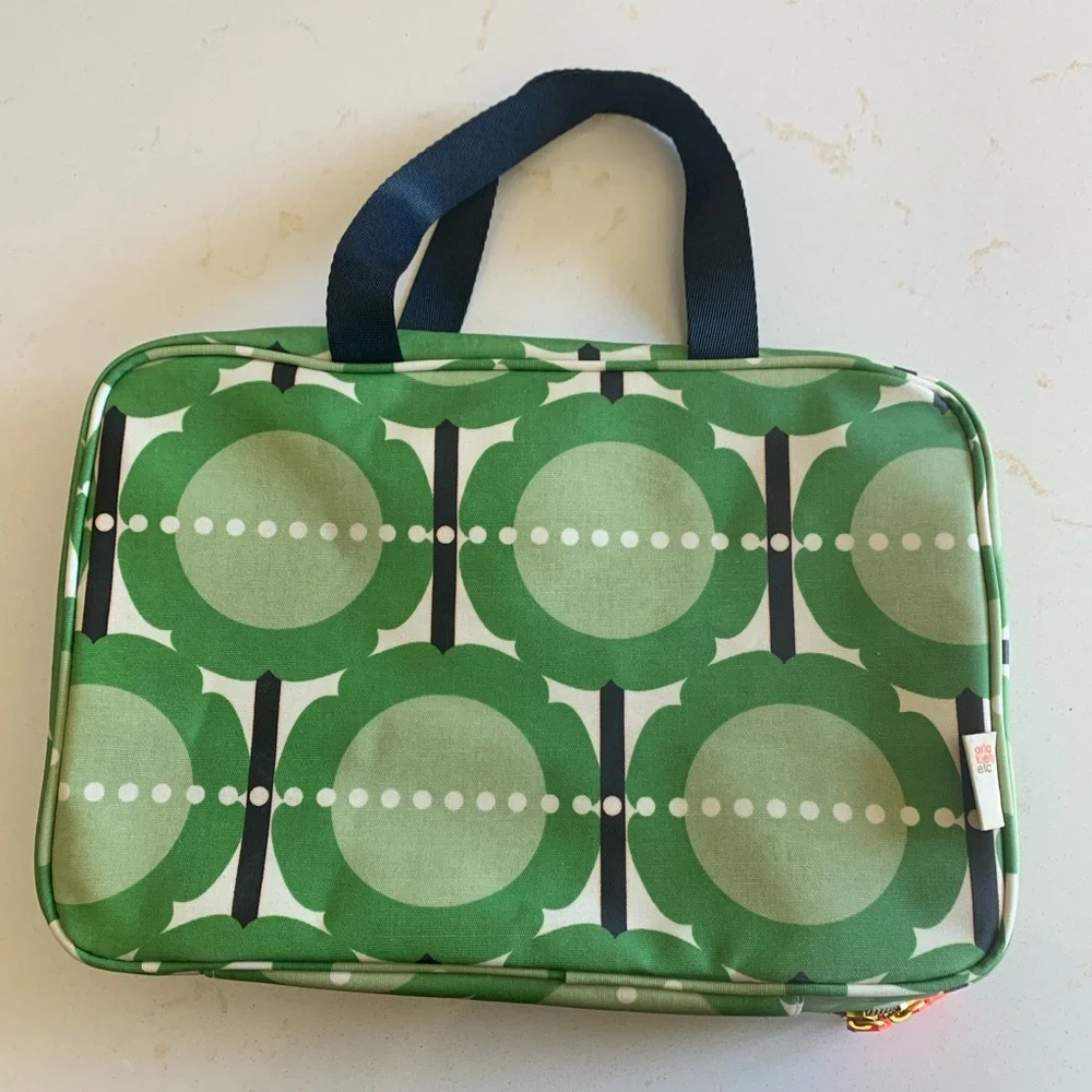 Orla Kiely Green Graphic Print Cosmetic Travel Case with Navy Accents